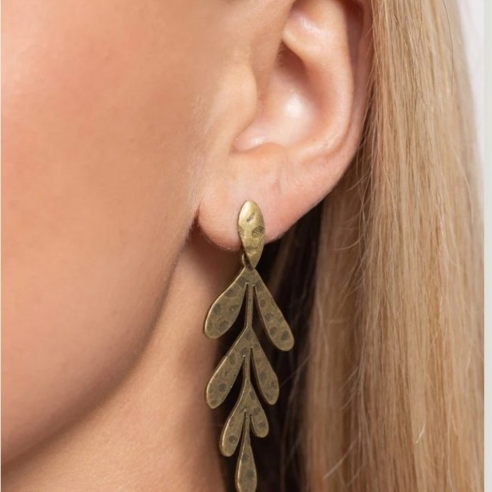 Feminine Floral Jungle Fauna Brass Paparazzi Textured Gold Leaf Earrings - Picture 2 of 5